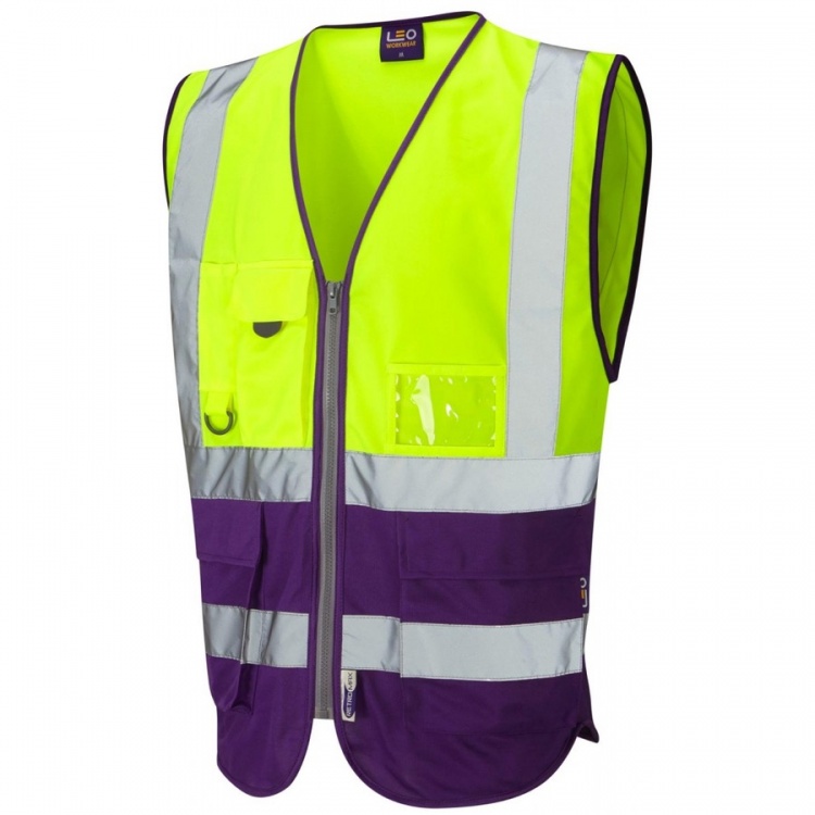 Leo Workwear W11-Y/PR Lynton Hi Vis Superior Vest Yellow / Purple